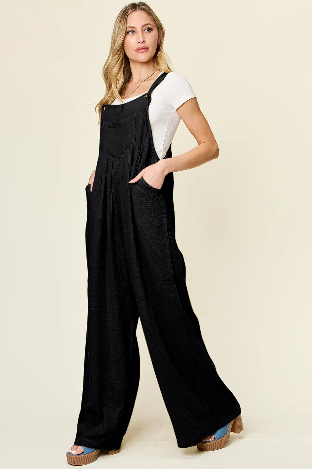 Double Take Full Size Texture Wide Strap Wide Leg Overall in Black, view 2