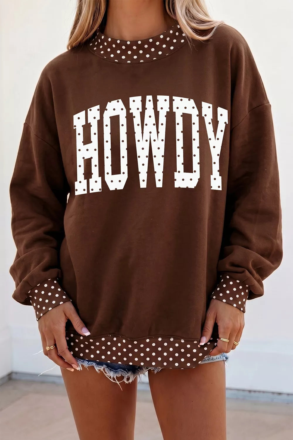 'HOWDY' Graphic Polka Dot Trim Sweatshirt - Lilixa.store