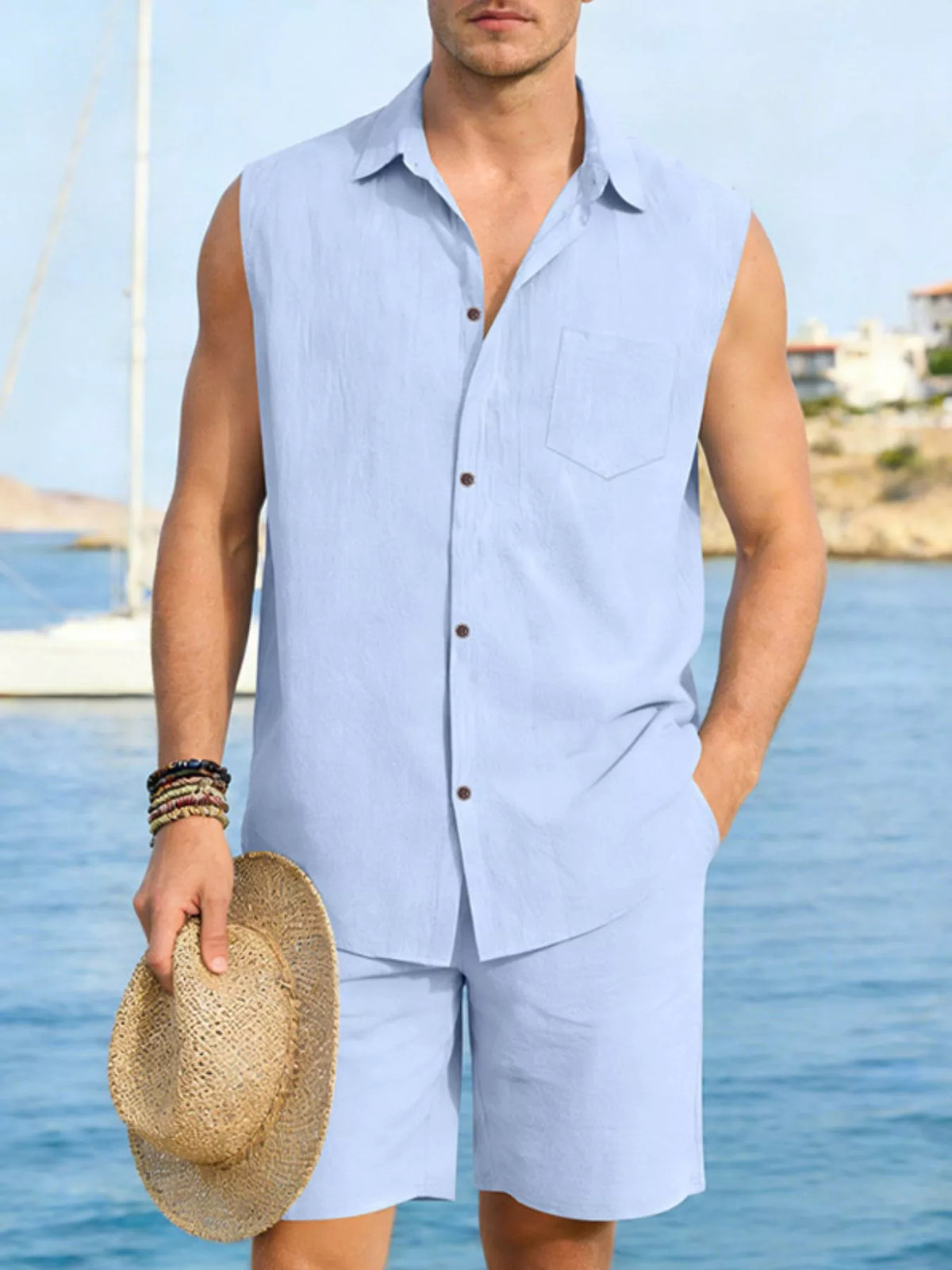 Men's Full Size Button Up Sleeveless Top and Shorts Plus Size - Lilixa.store