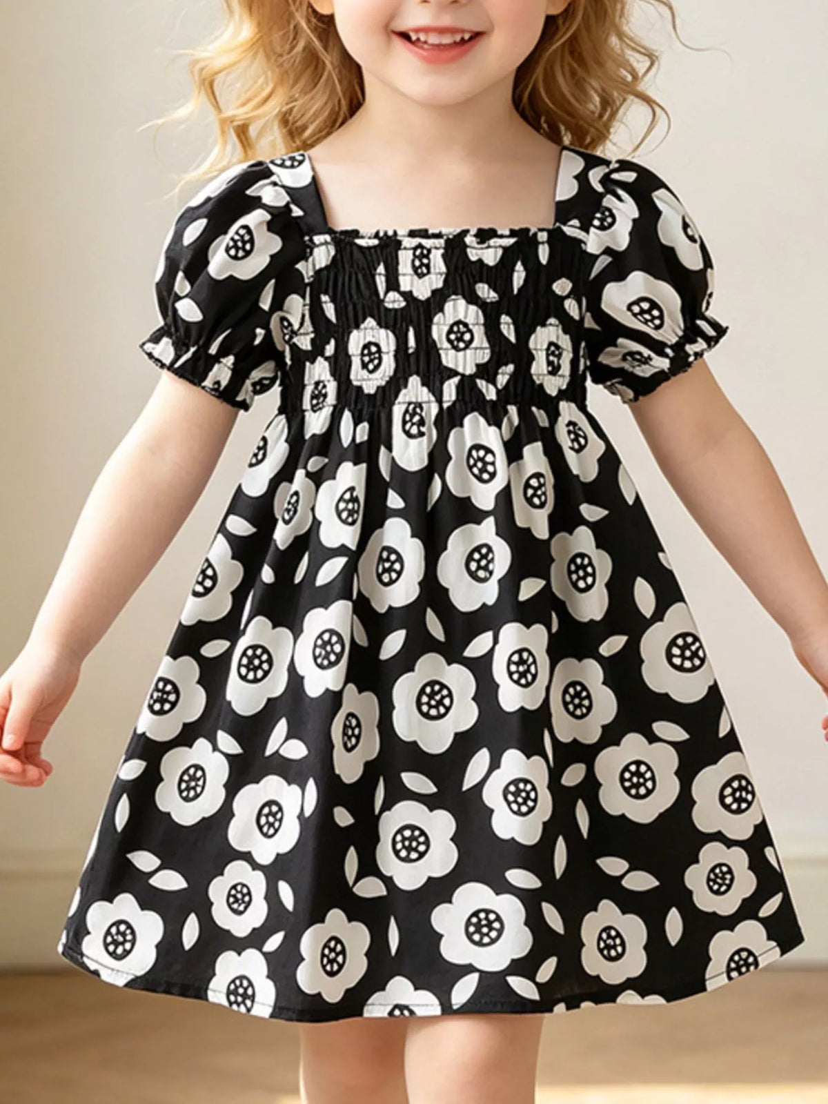 Children's Floral Print Square Neck Puff Sleeve Dress - Lilixa.store