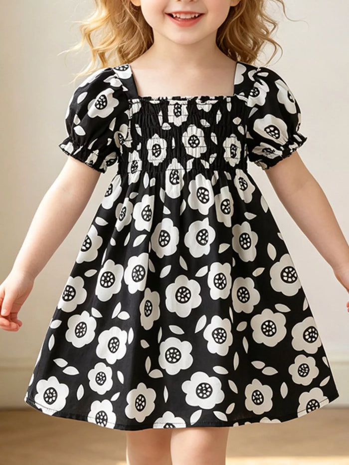 Children's Floral Print Square Neck Puff Sleeve Dress - Lilixa.store