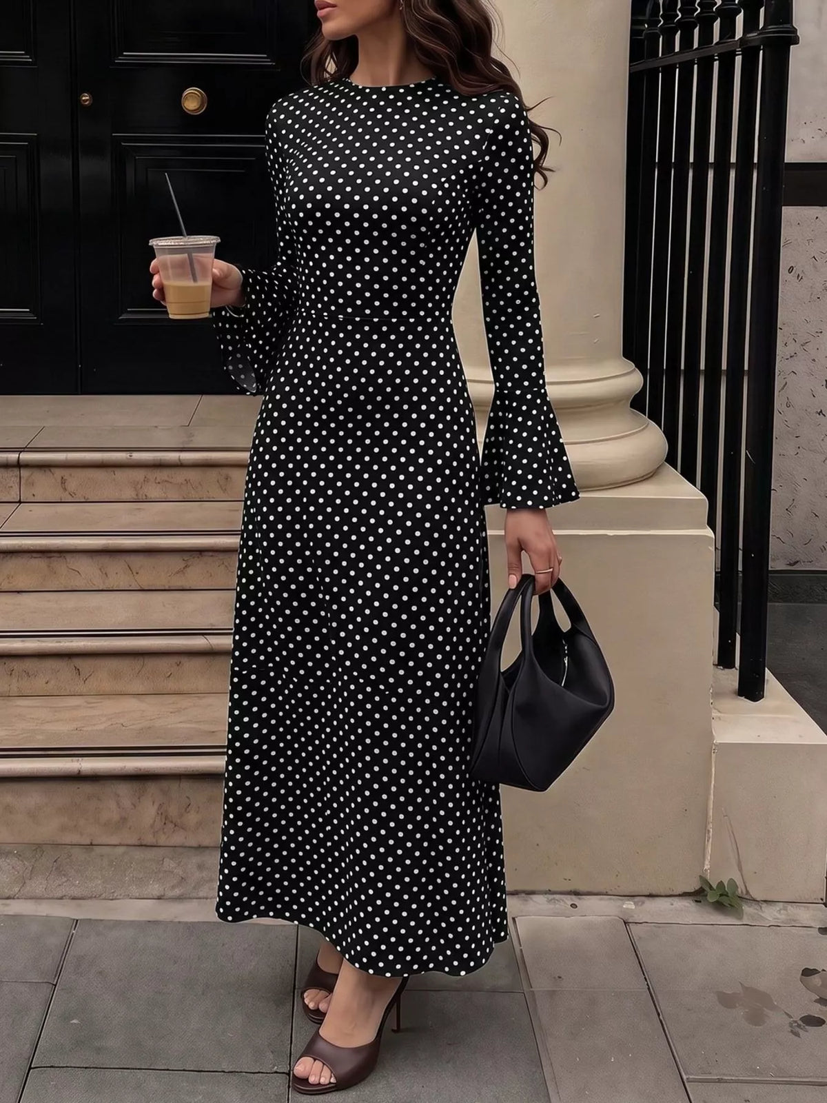 Polka Dot Flare Sleeve Maxi Dress - Lilixa.store