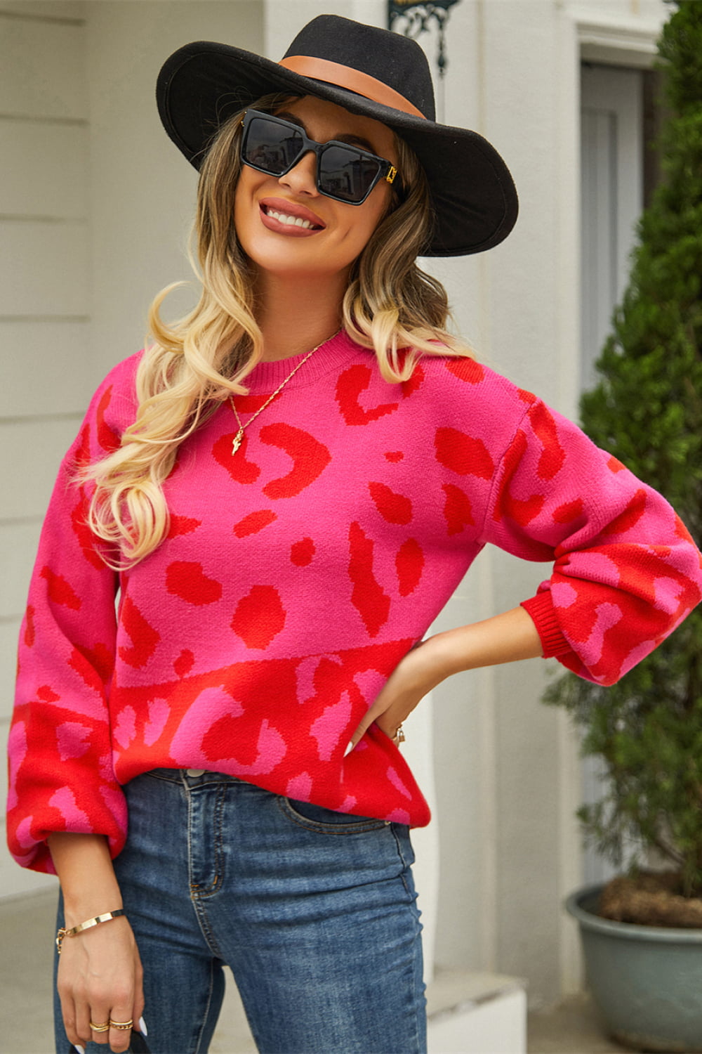 Angel Wings Woven Right Leopard Round Neck Dropped Shoulder Sweater in Hot Pink