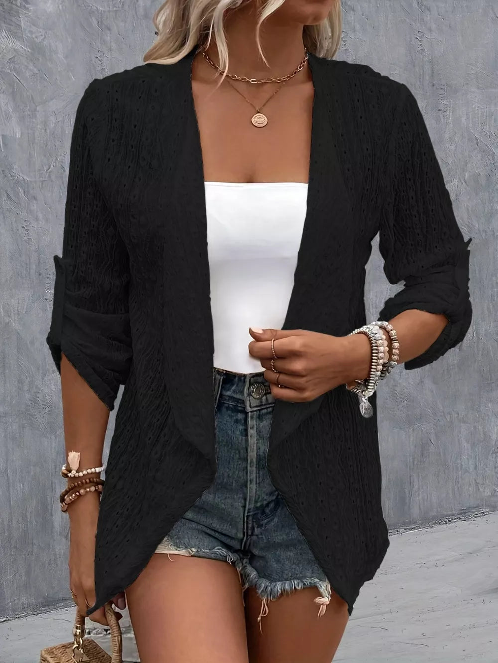 Eyelet Roll-Tab Sleeve Cardigan - Lilixa.store