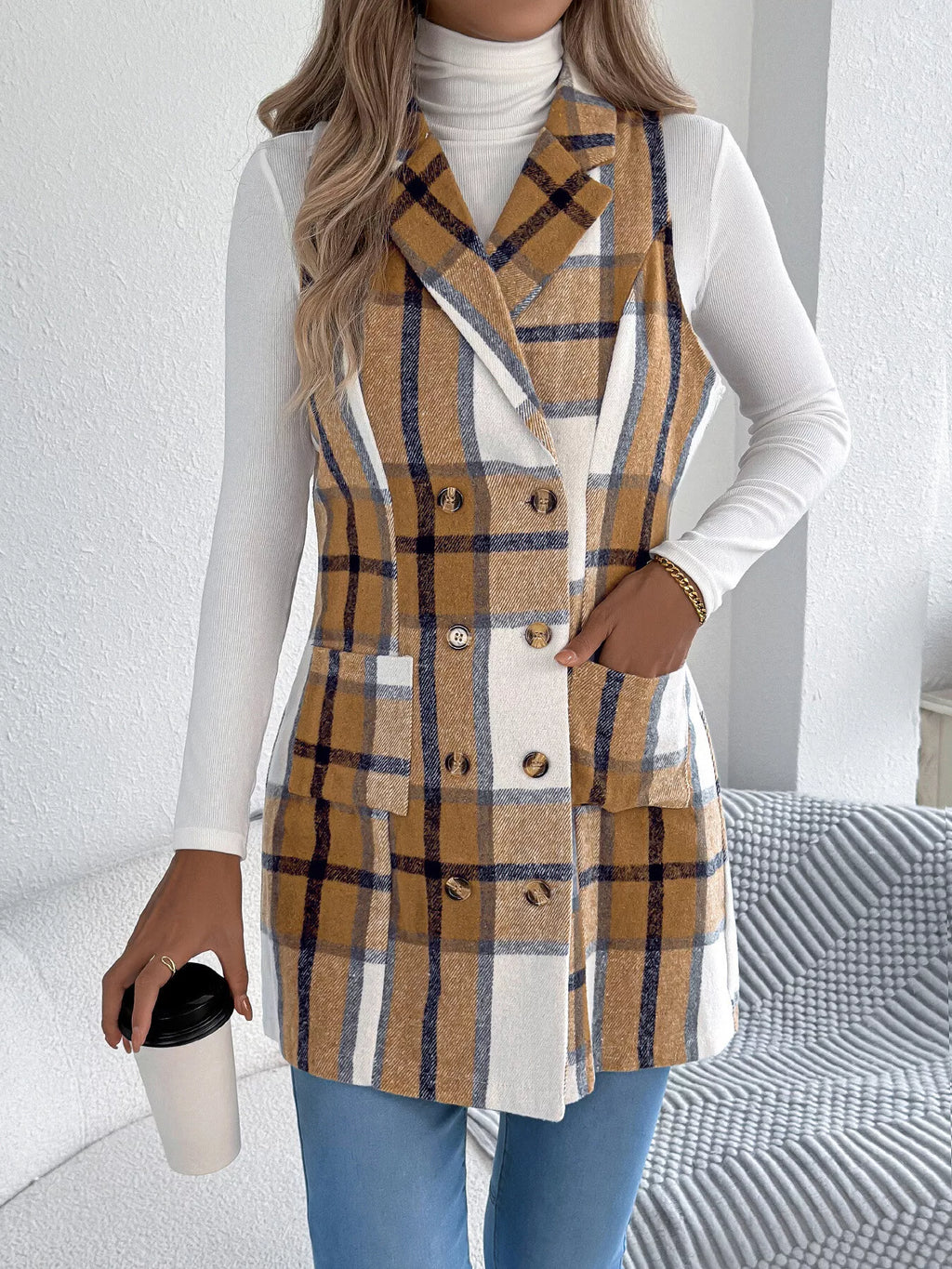 Plaid Double-Breasted Vest Coat - Lilixa.store