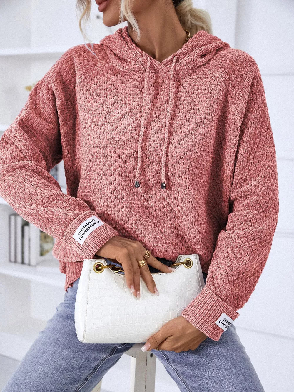 Texture Drawstring Long Sleeve Hooded Sweater, view 3