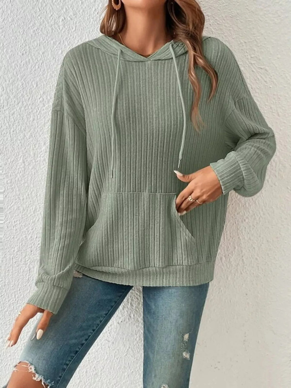 Casual Ribbed Knit Drawstring Hoodie - Lilixa.store