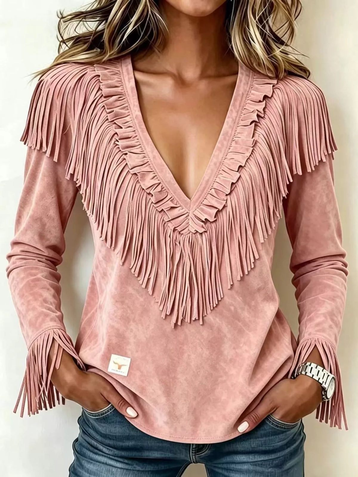 Fringed V-Neck Blouse