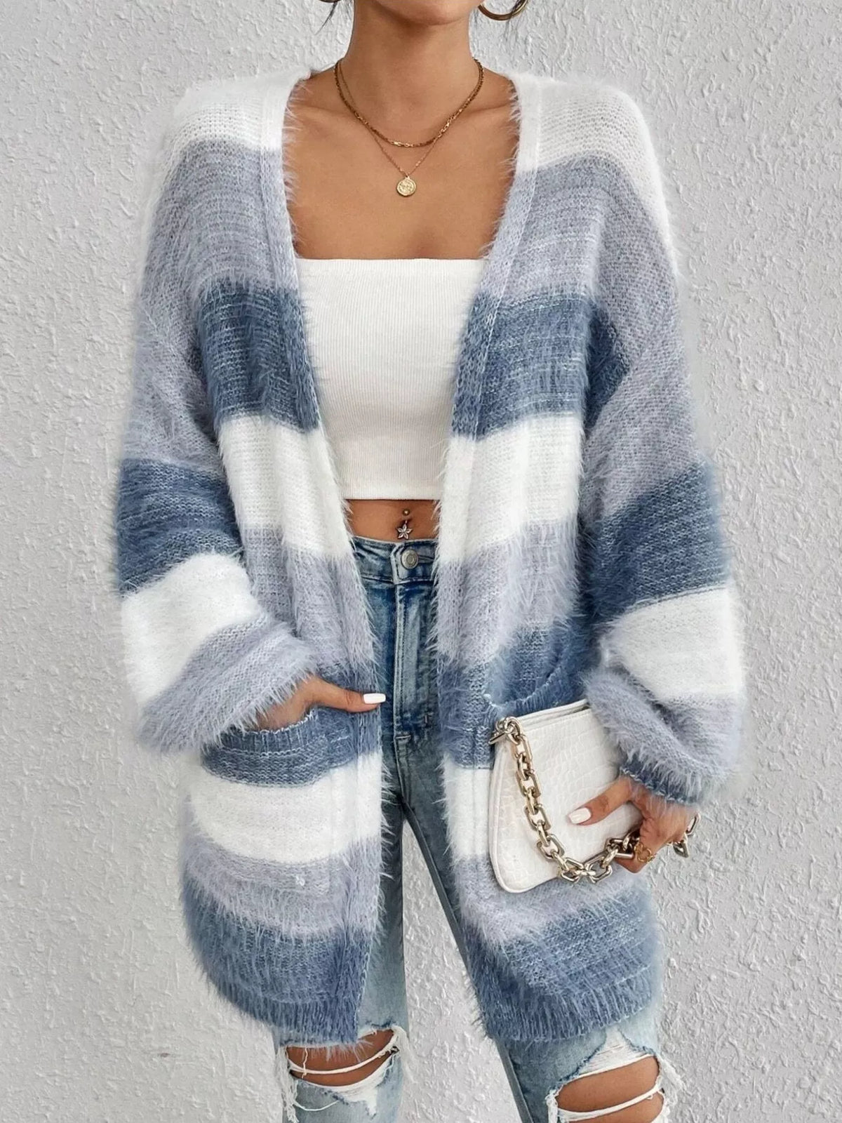 Striped Open Front Oversized Cardigan in Light Blue, view 2