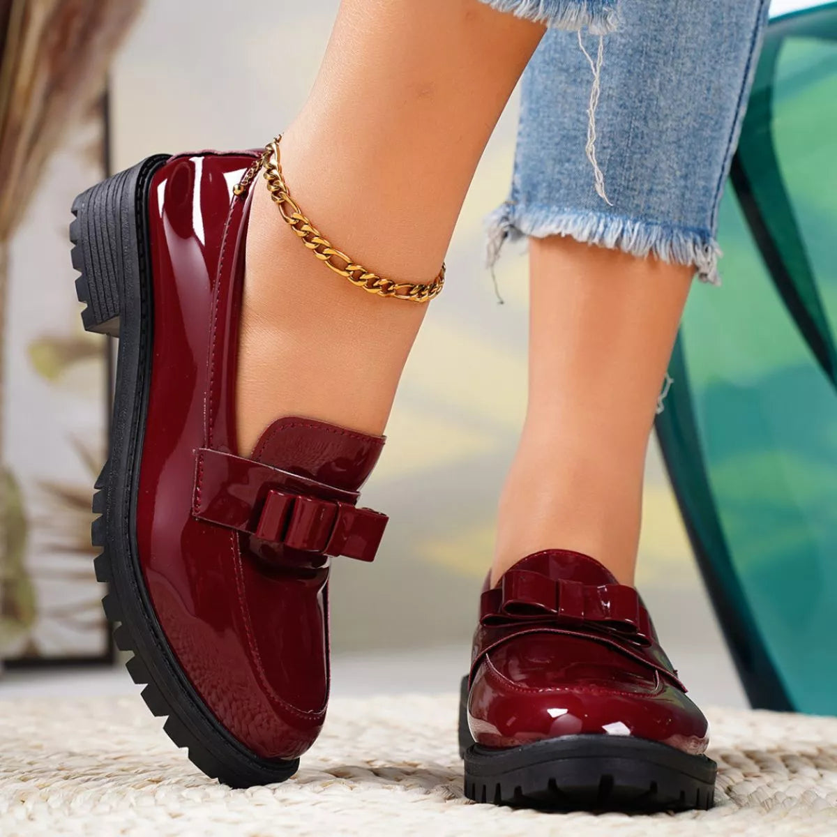 Round Toe Bow Loafers in Red