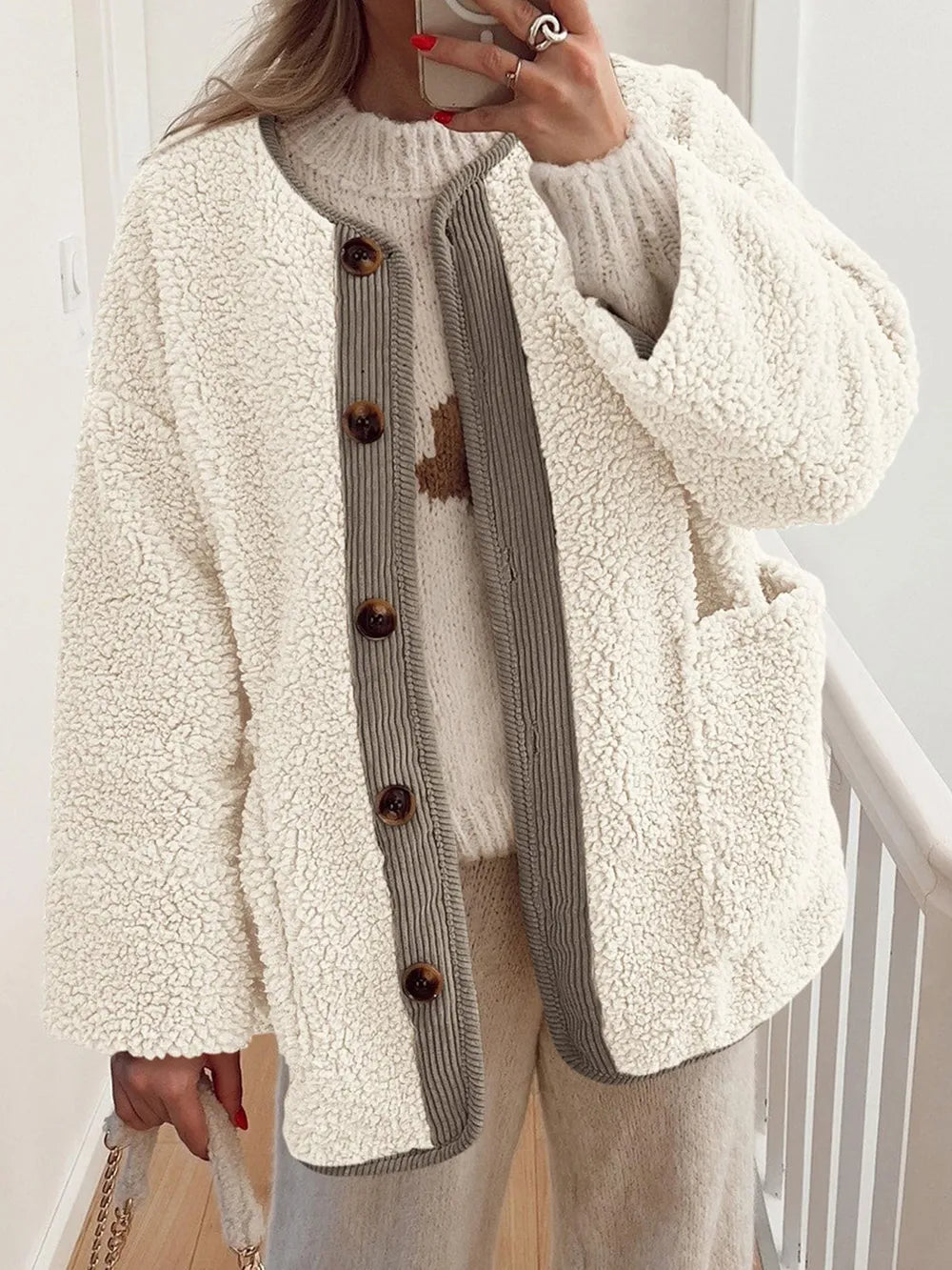 Contrast Button Up Sherpa Jacket with Pockets in Cream