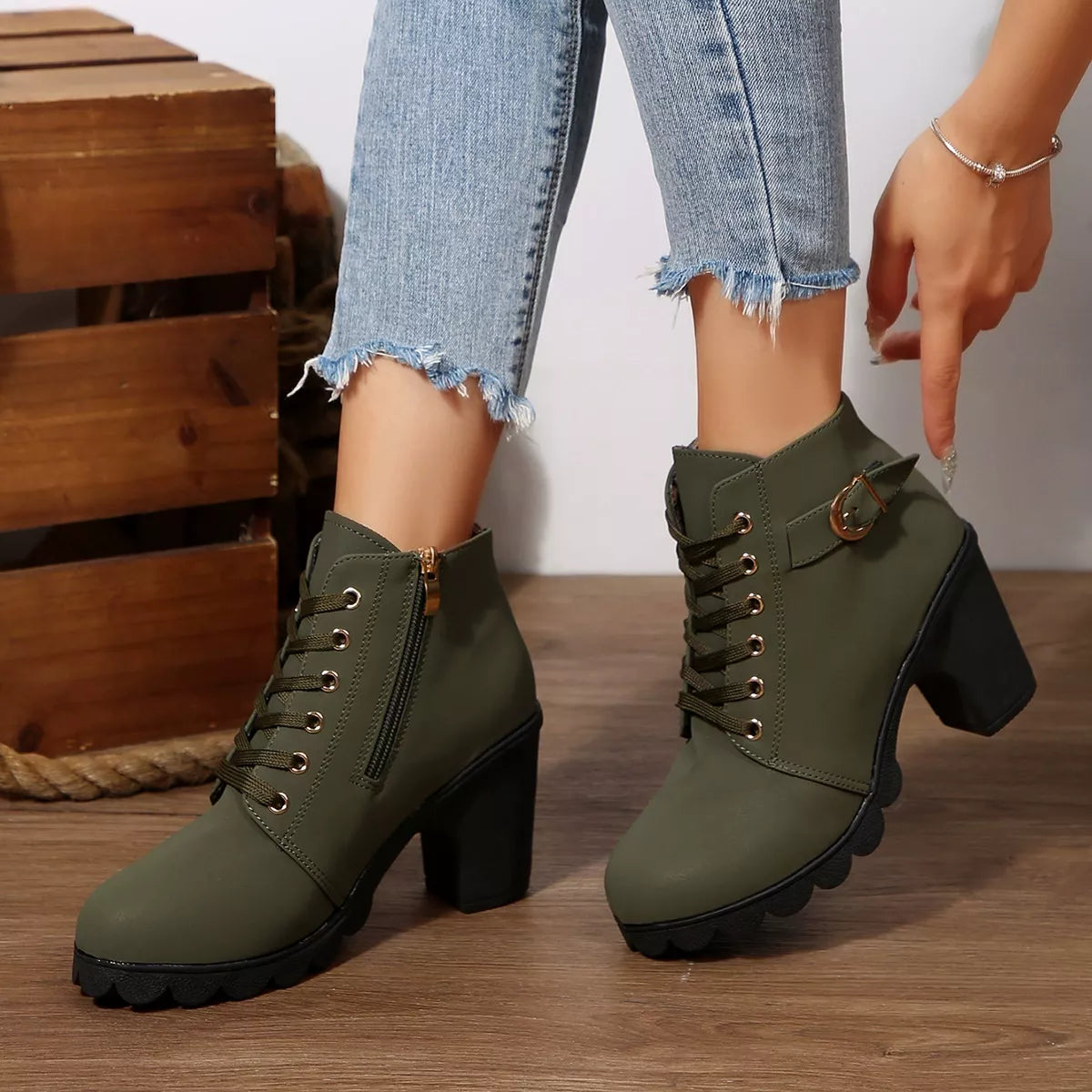 Lace Up Block Heels Boots, view 3