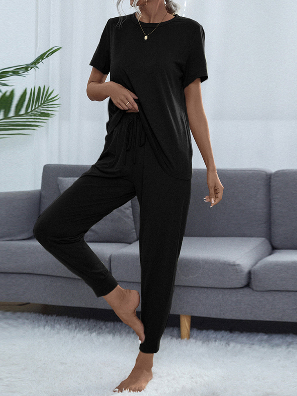 Shiny Round Neck Short Sleeve Top and Pants Set - Lilixa.store