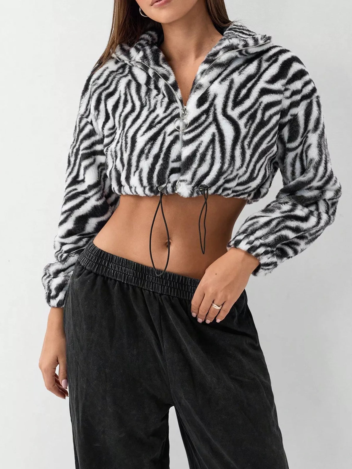 Zebra Print Plush Cropped Jacket in Black, view 3