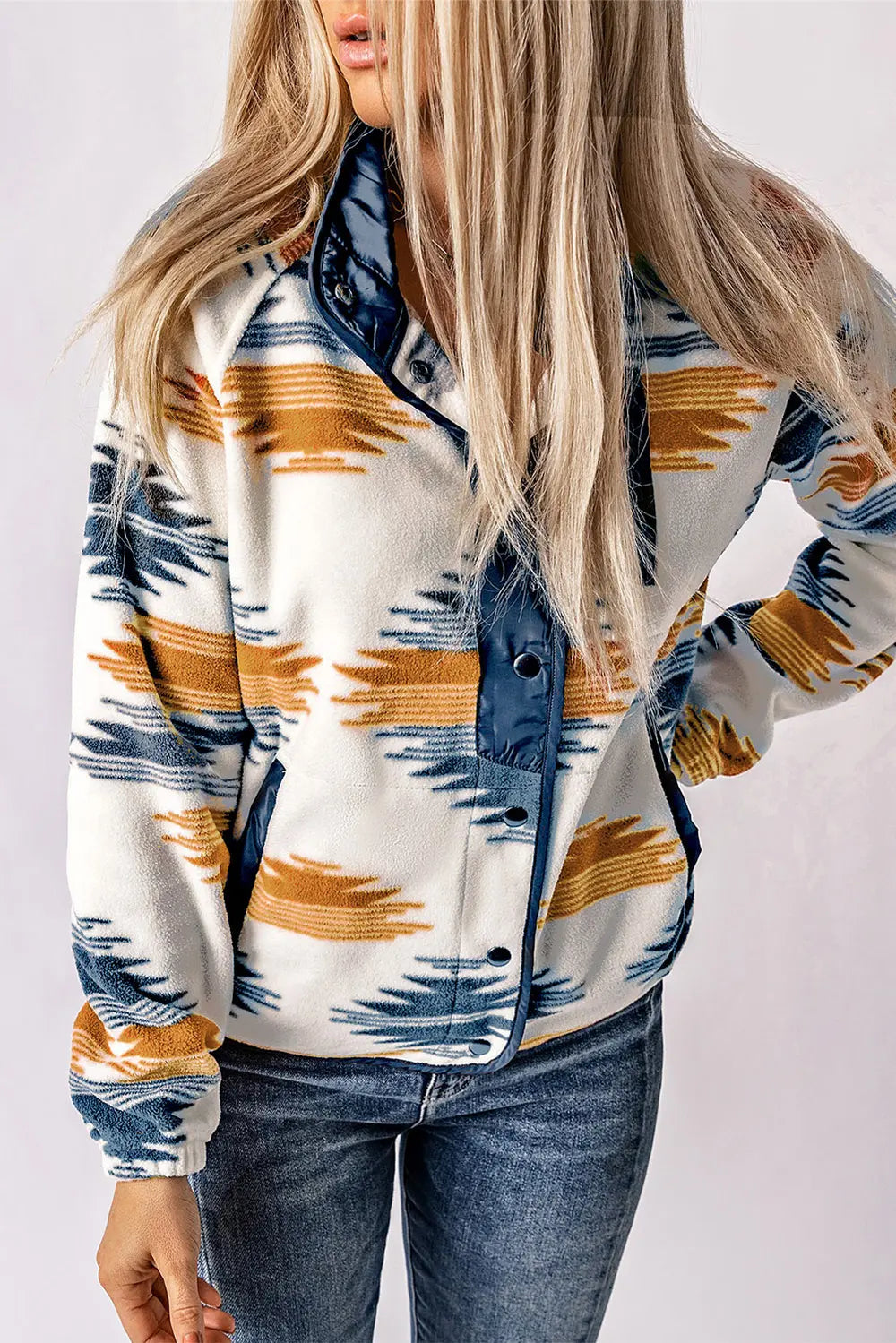 Geometric Snap Button Long Sleeve Jacket in Multicolor, view 3