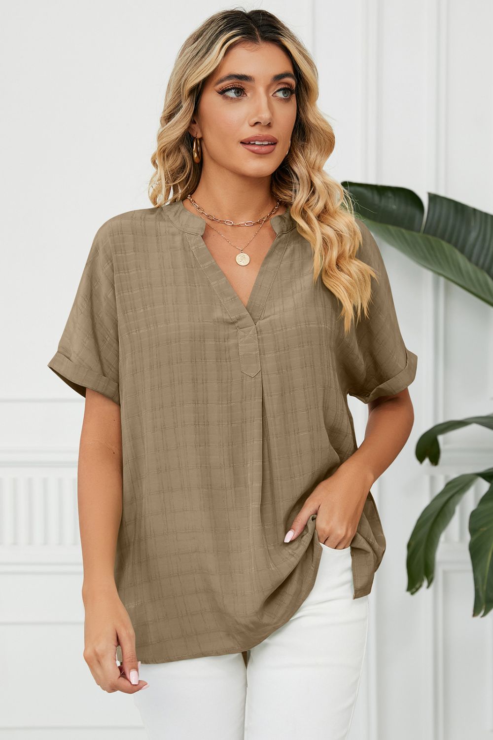 Side Slit Notched Neck Cuffed Short Sleeve Blouse - Lilixa.store