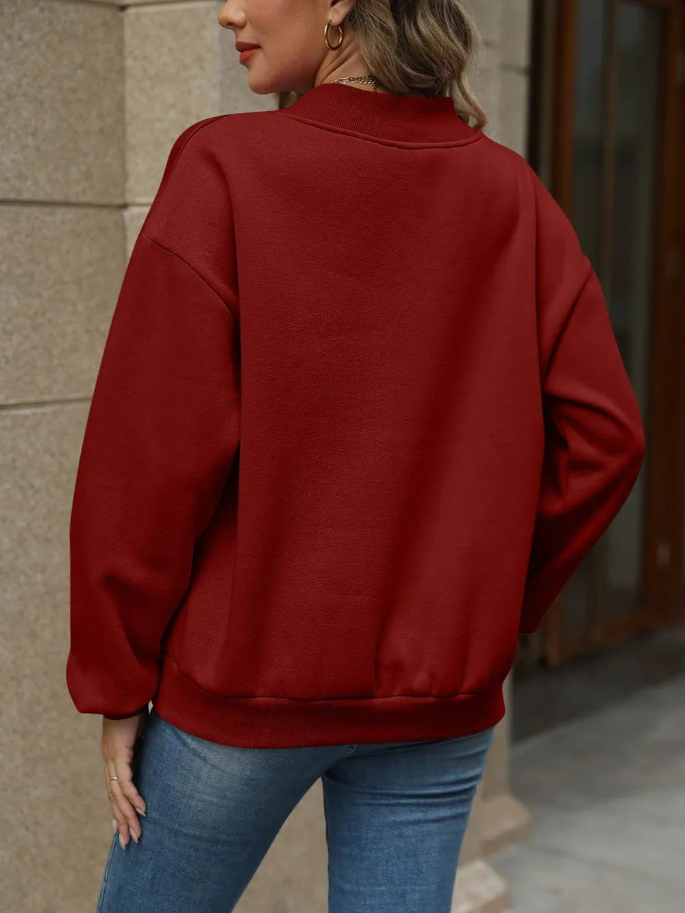 V-Neck Long Sleeve Dropped Shoulder Sweatshirt - Lilixa.store