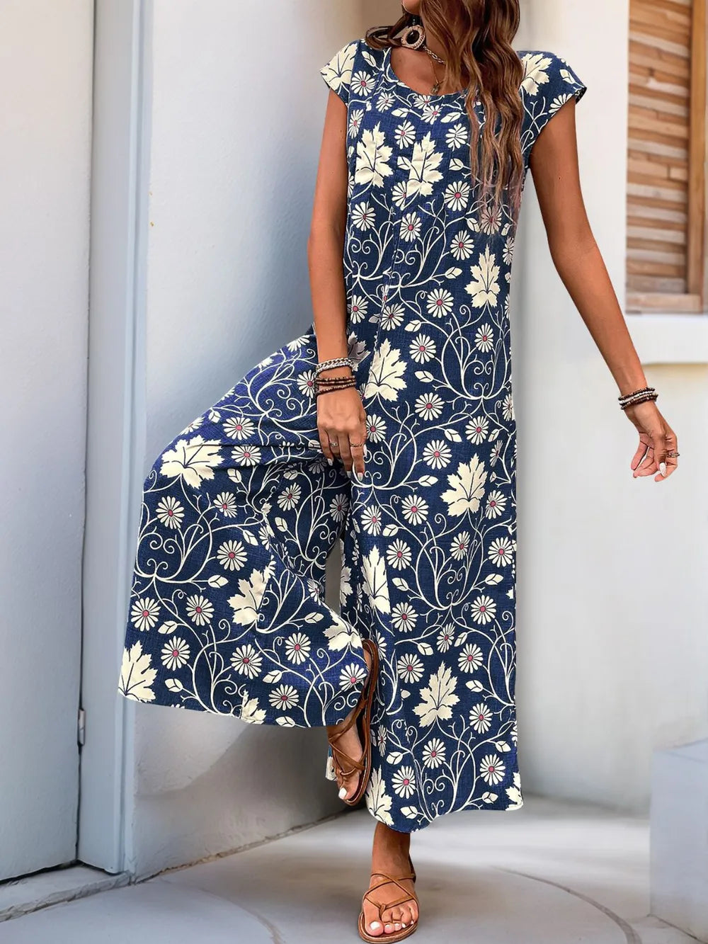 Perfee Printed Round Neck Cap Sleeve Wide Leg Jumpsuit - Lilixa.store