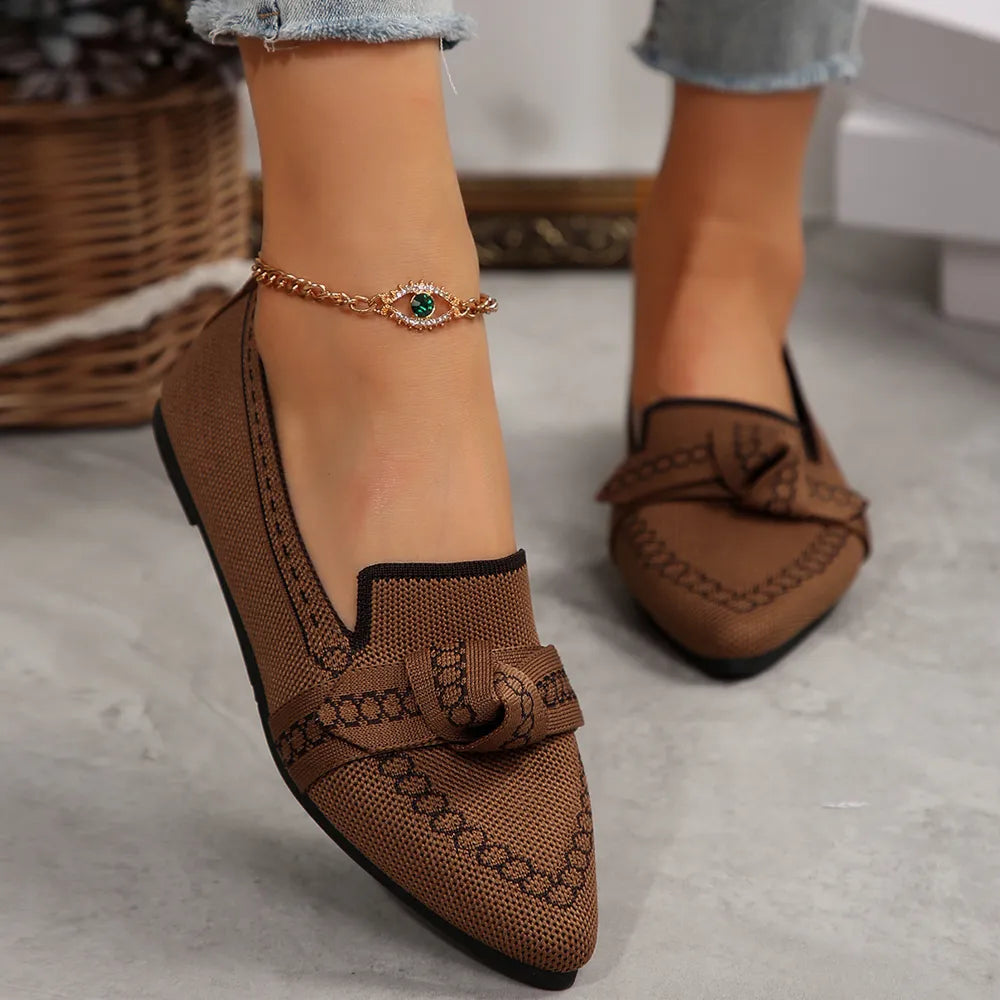 knitted Slip-On Flats with Bow in Brown
