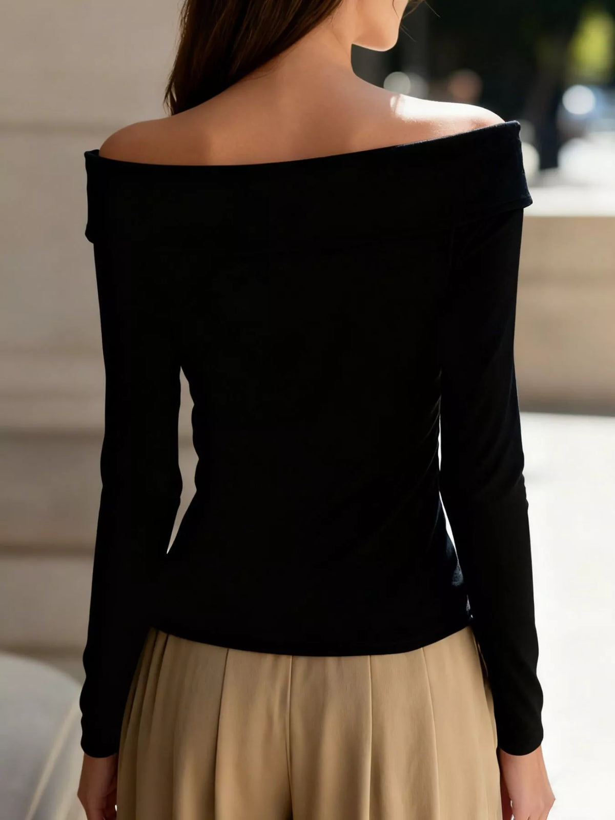 Elegant Off-the-Shoulder Blouse with Decorative Buttons, view 3