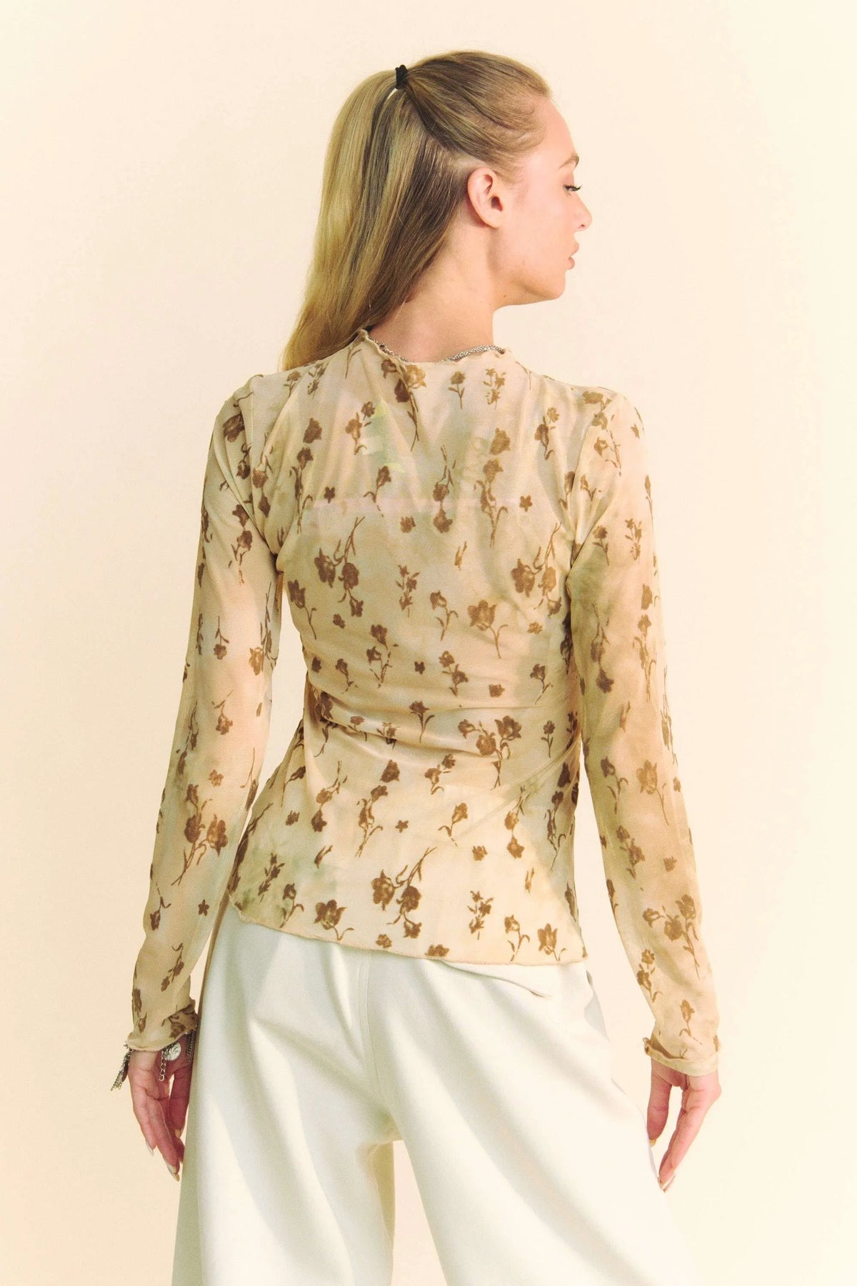 Davi & Dani Floral Mesh Long Sleeve Sheer Layering Top - Lilixa.store