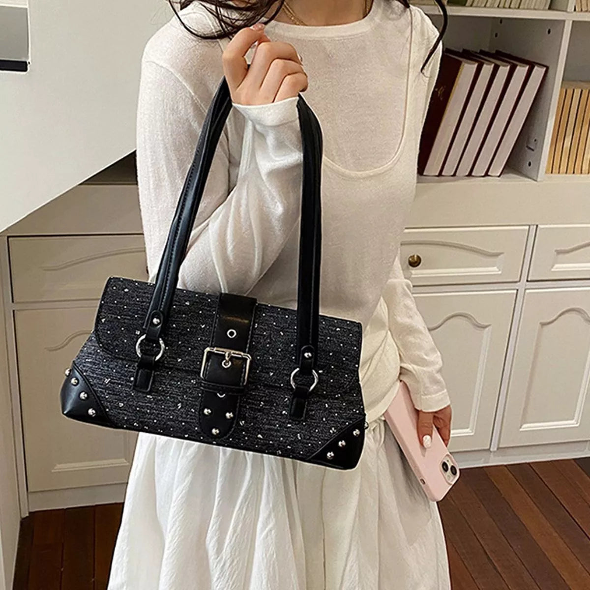 Studded Shoulder Bag with Buckle Detail - Lilixa.store