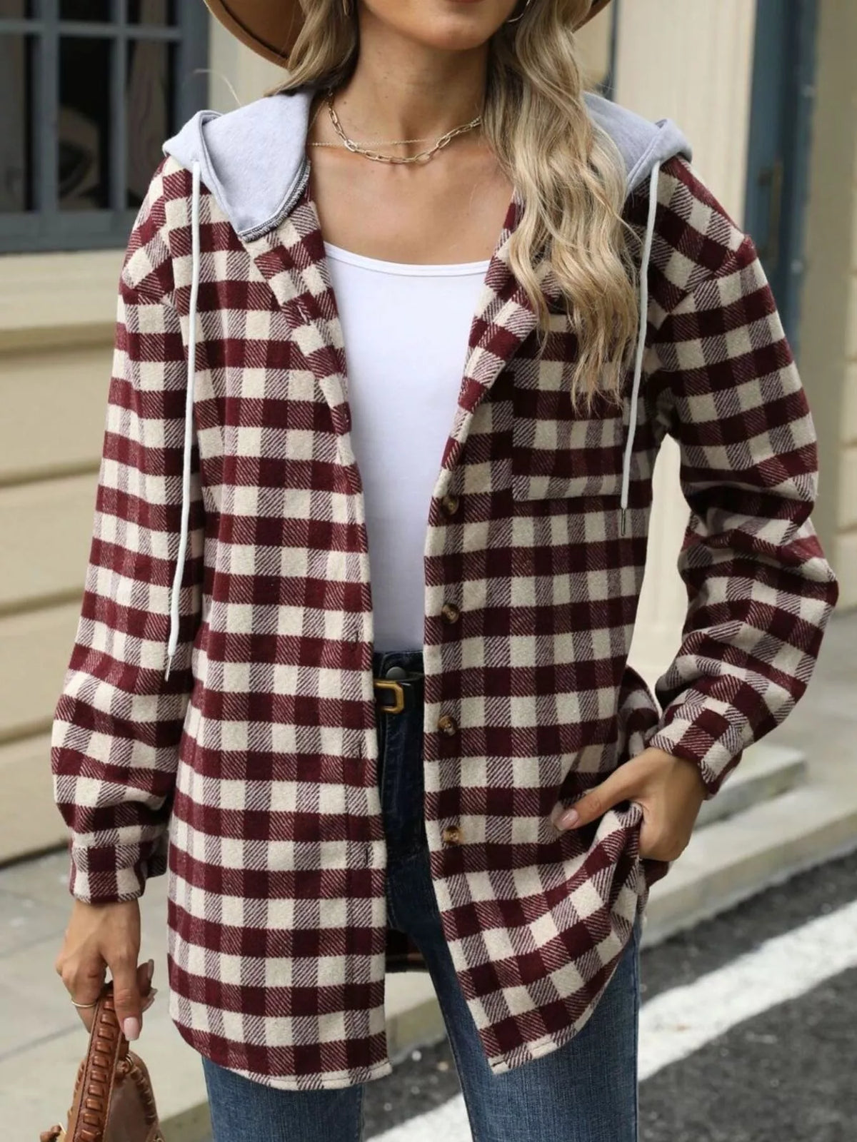 Plaid Button Up Long Sleeve Drawstring Hooded Jacket in Wine Red