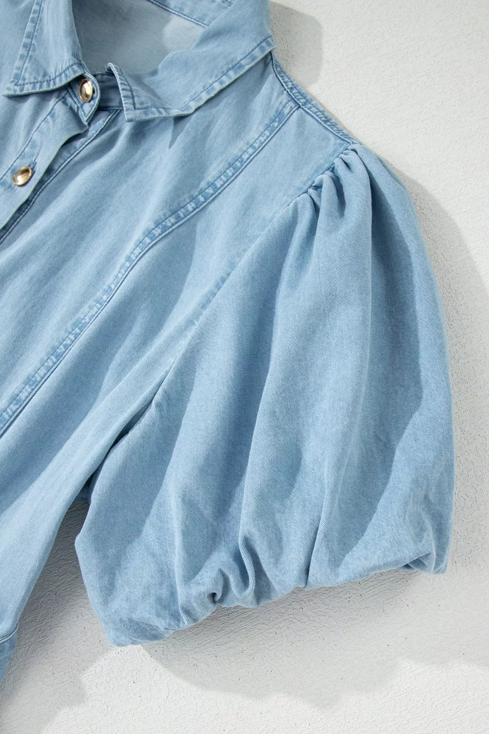 Full Buttons Collared Short Bubble Sleeve Long Denim Dress in Light Blue, view 12