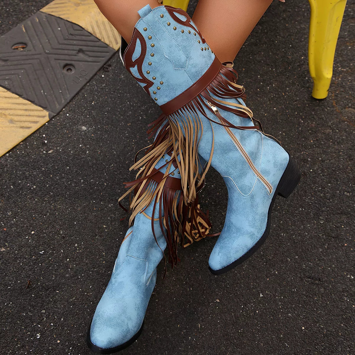 Fringe Block Heel Boots
