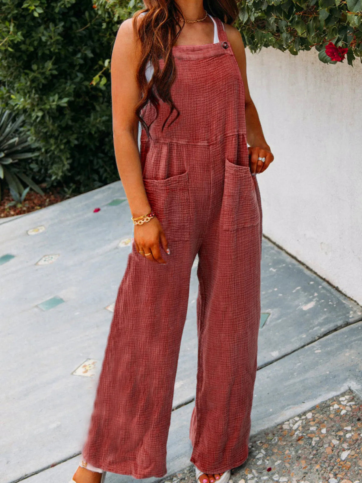Full Size Casual Wide Leg Textured Overalls Plus Size - Lilixa.store
