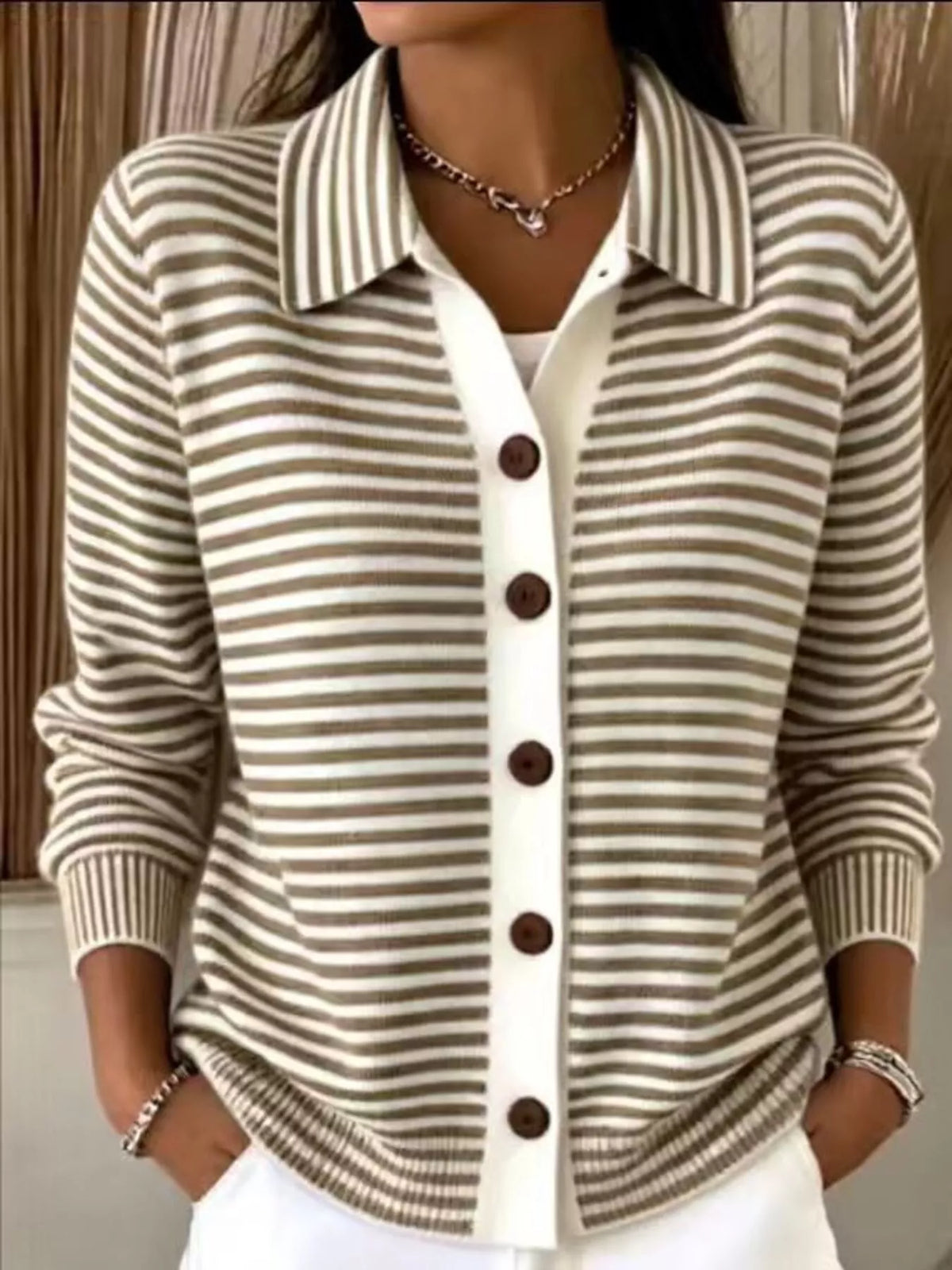 Striped Collared Button-Down Knit Cardigan - Lilixa.store