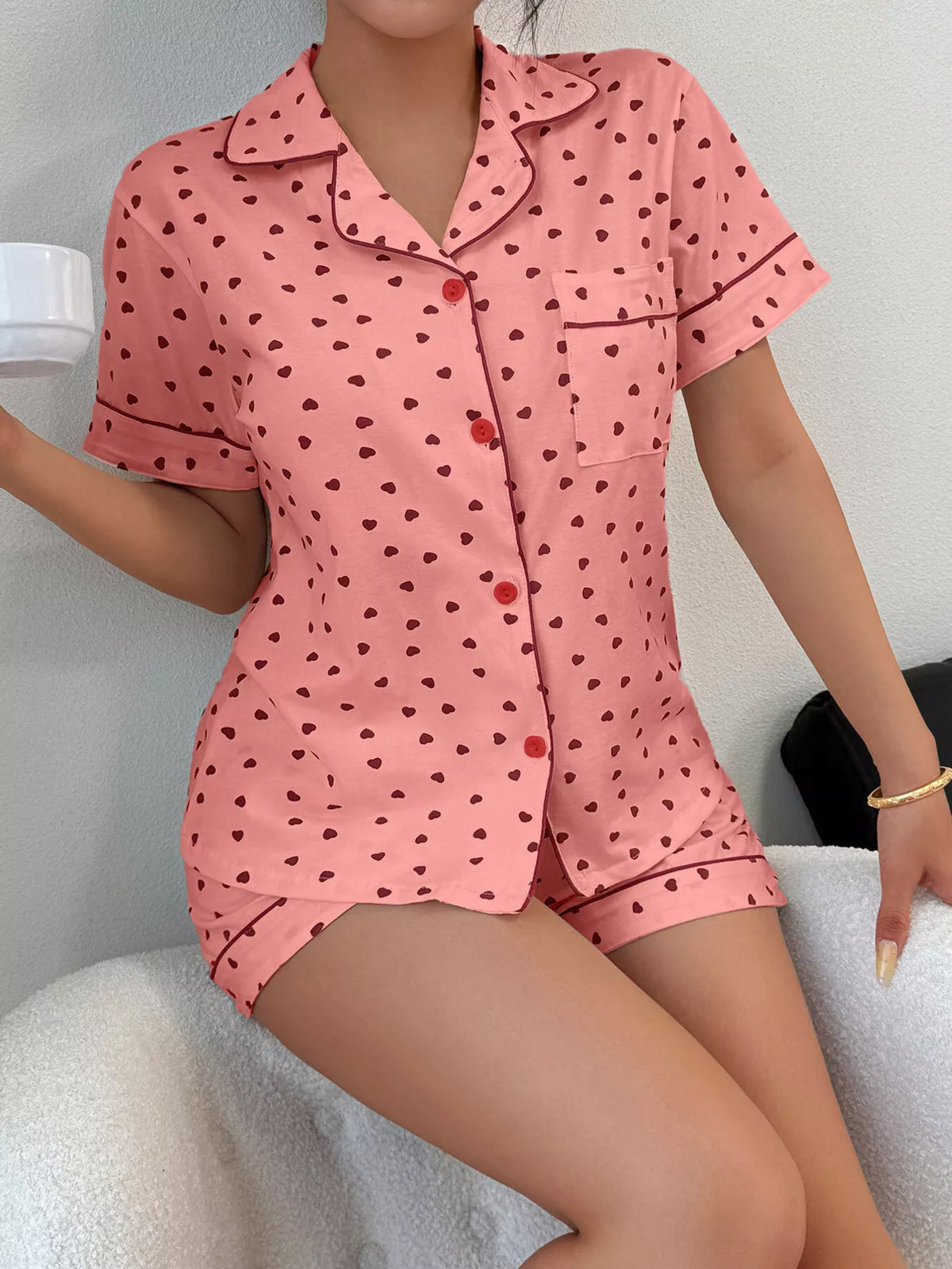 Heart Print Button-Down Short Sleeve Top and Shorts Lounge Set - Lilixa.store