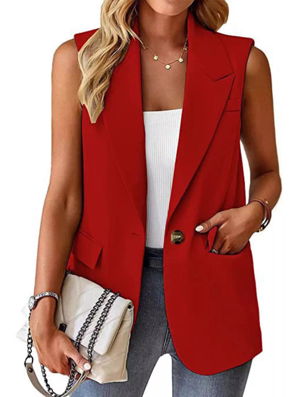 Full Size One Button Lapel Collar Vest Coat Plus Size - Lilixa.store
