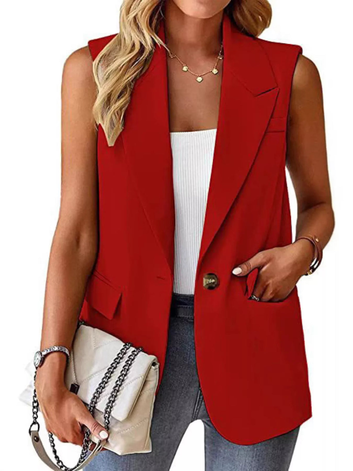 Full Size One Button Lapel Collar Vest Coat Plus Size - Lilixa.store