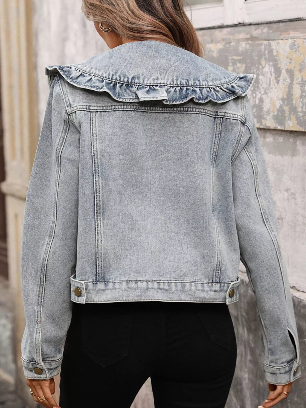 Floral Ruffle Collar Denim Jacket - Lilixa.store