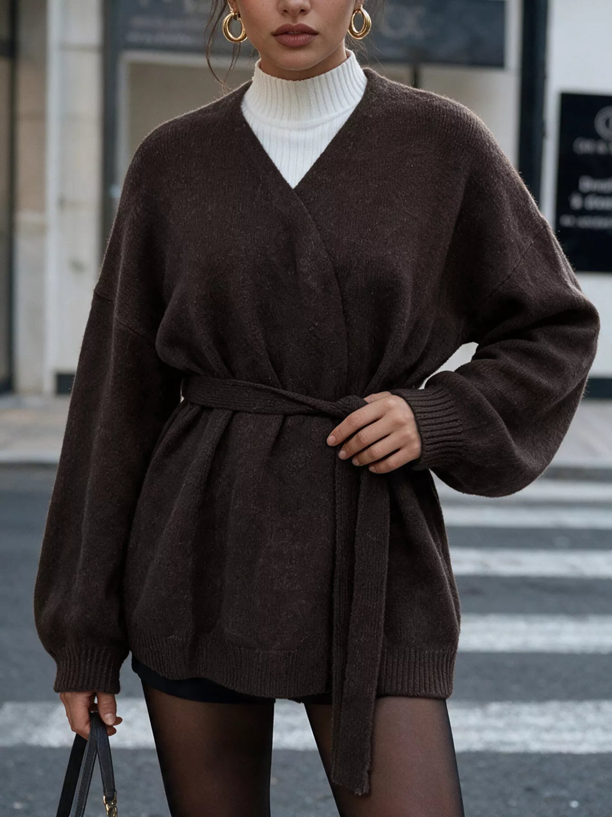 Tie Waist Dropped Shoulder Wrap Cardigan - Lilixa.store