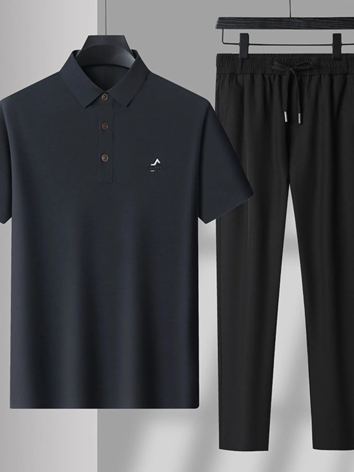 Men's Plus Size Button Detail Short Sleeve Polo and Pants Set in Black