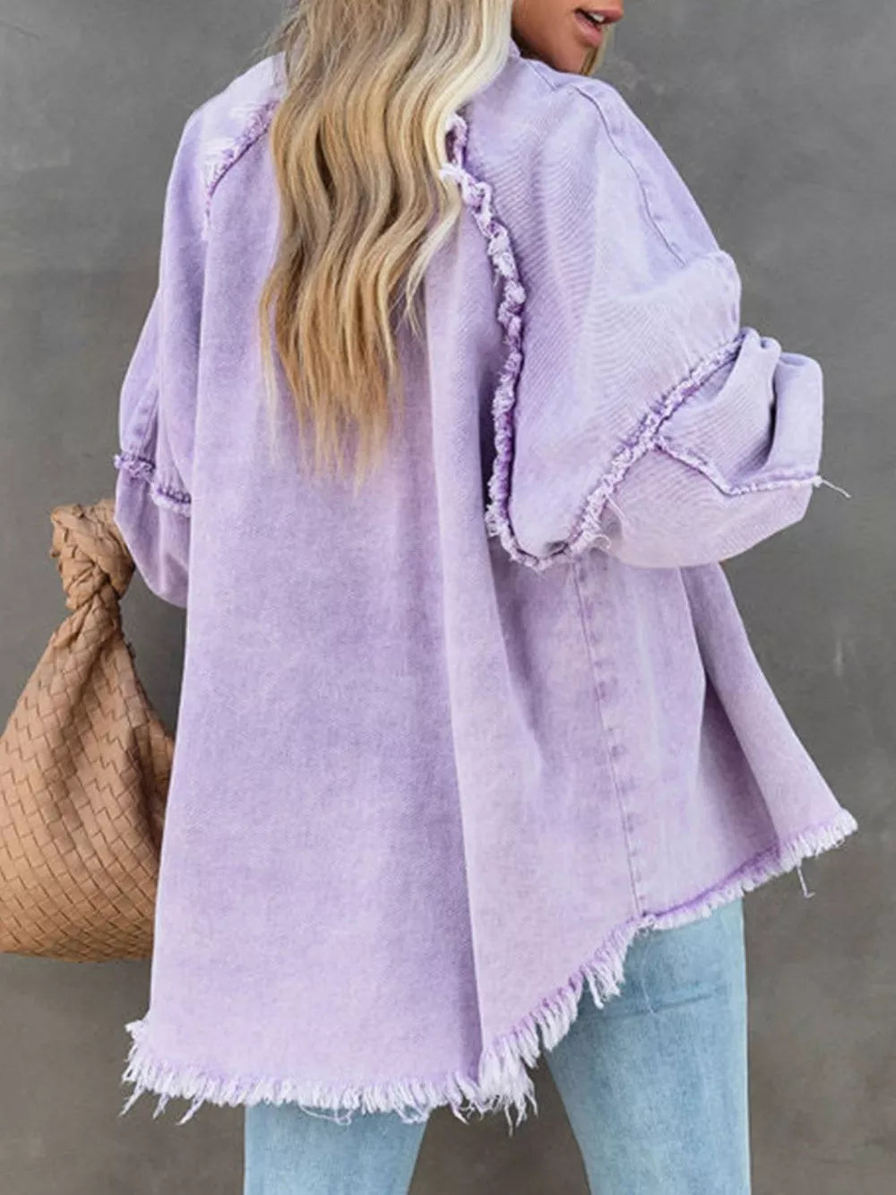 Button Down Raw Hem Denim Jacket - Lilixa.store