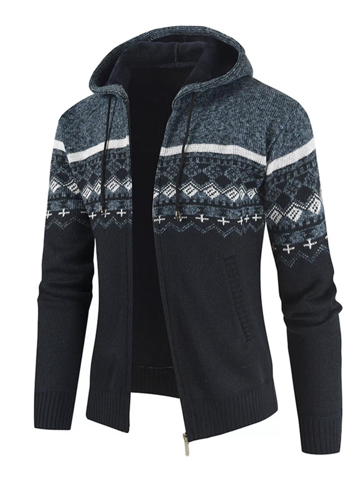 Men's Plus Size Hooded Fair Isle Pattern Knit Cardigan in Blue