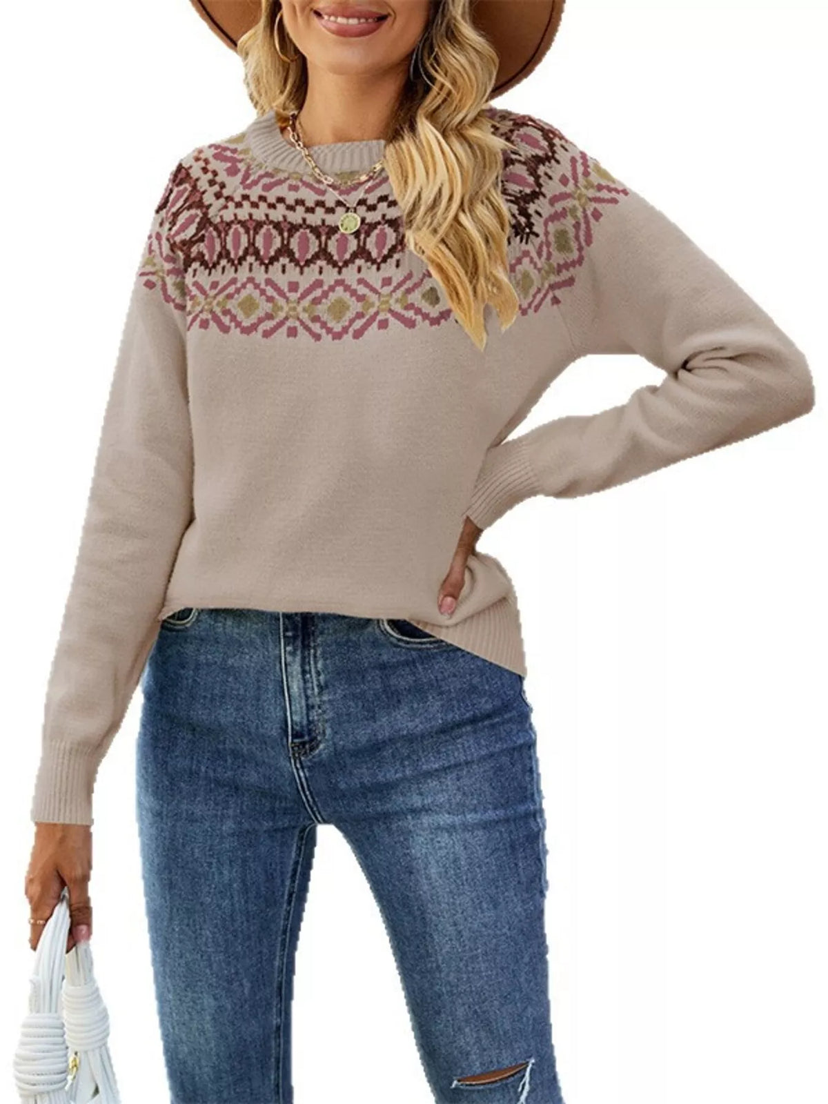 Fair Isle Pattern Crew Neck Sweater