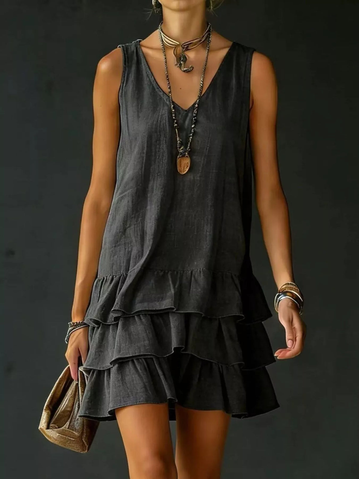 Full Size Ruffled Hem V-Neck Sleeveless Dress Plus Size - Lilixa.store