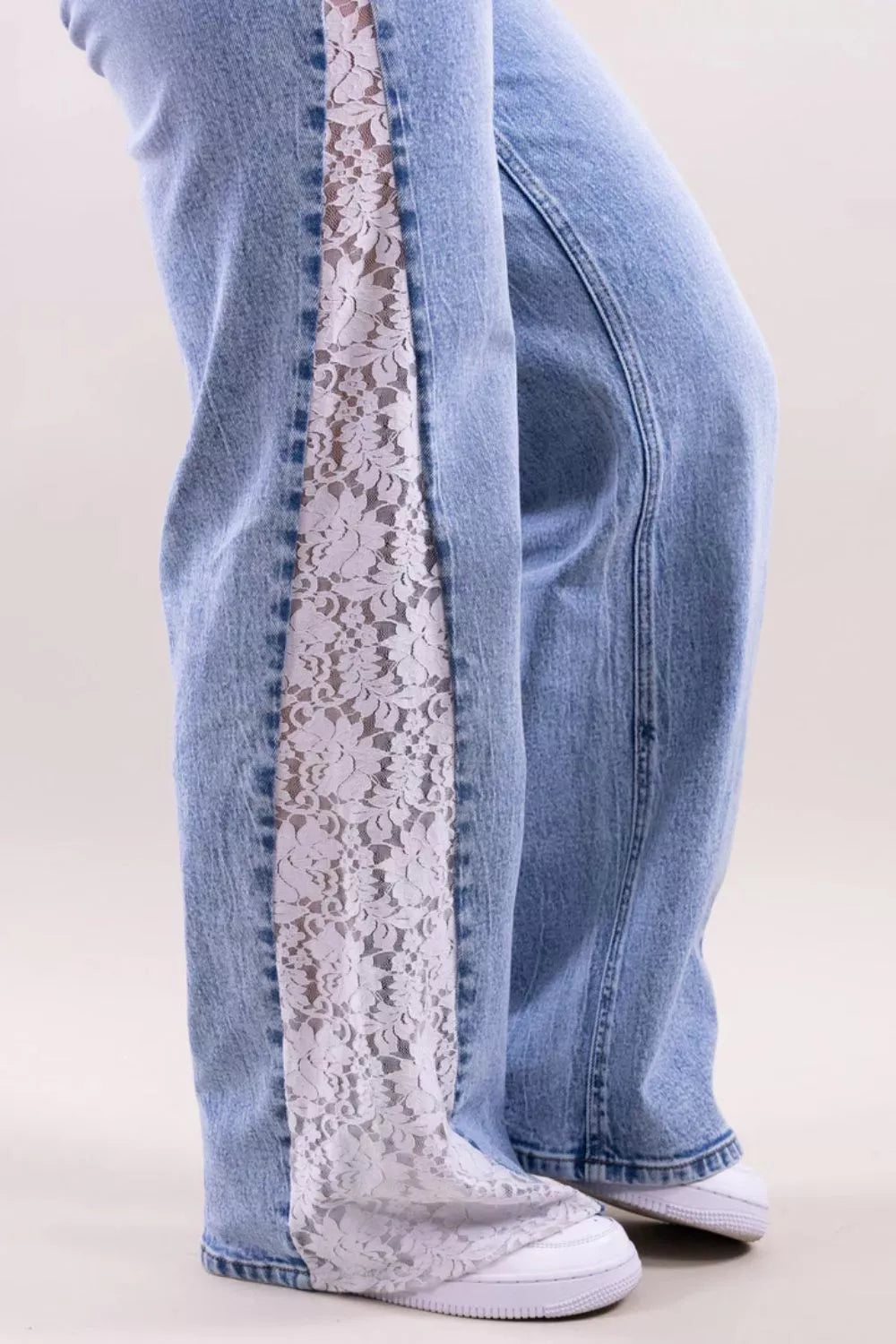 Lace-Paneled Wide-Leg Jeans - Lilixa.store