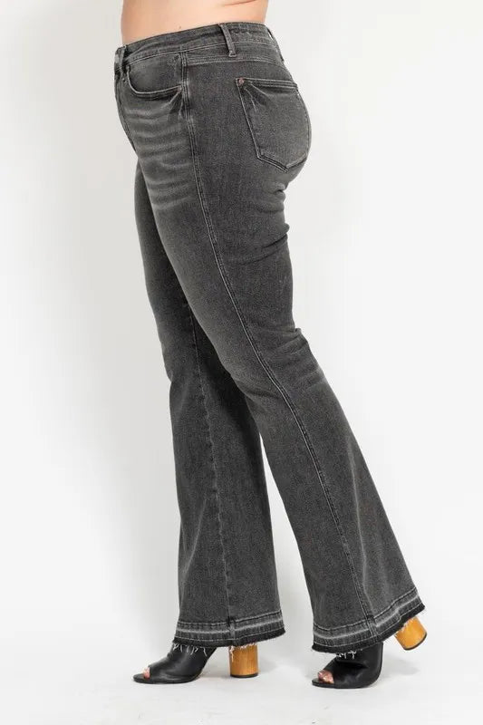 Judy Blue Full Size Mid Rise Tummy Control Washed Gray Release Hem Flare Jeans Plus Size - Lilixa.store