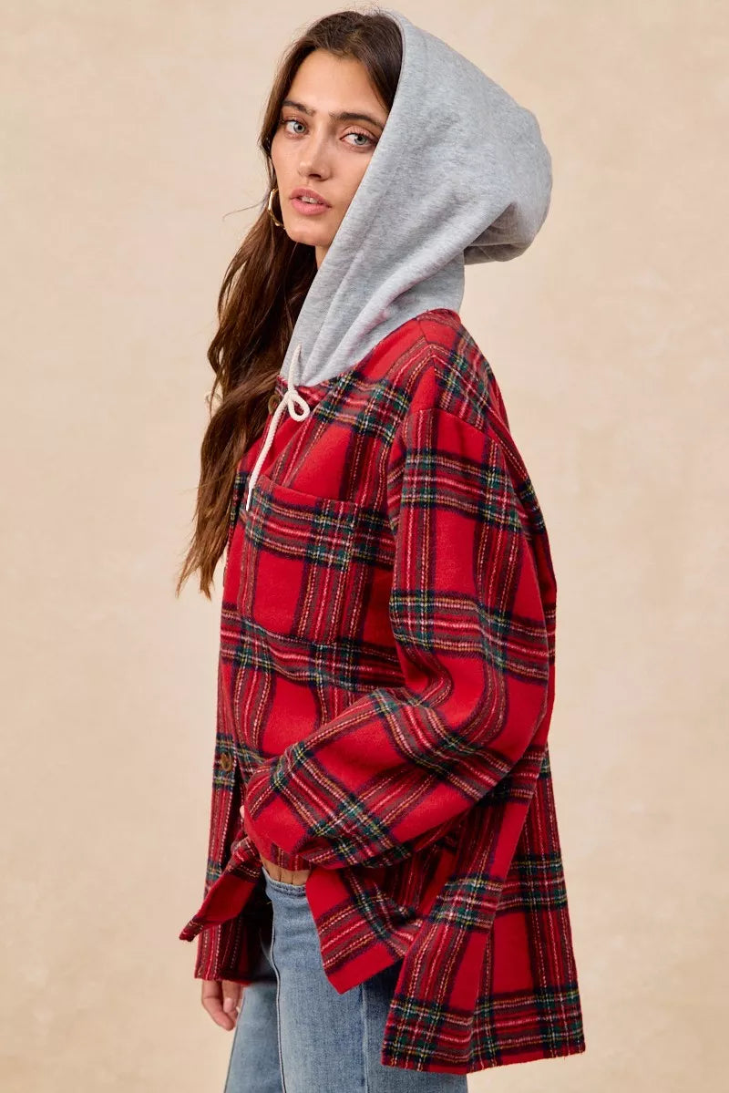 BiBi Brushed Plaid Hooded Jacket in Red Plaid, view 8