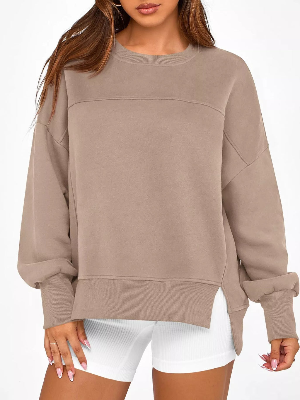 Slit Round Neck Dropped Shoulder Sweatshirt - Lilixa.store