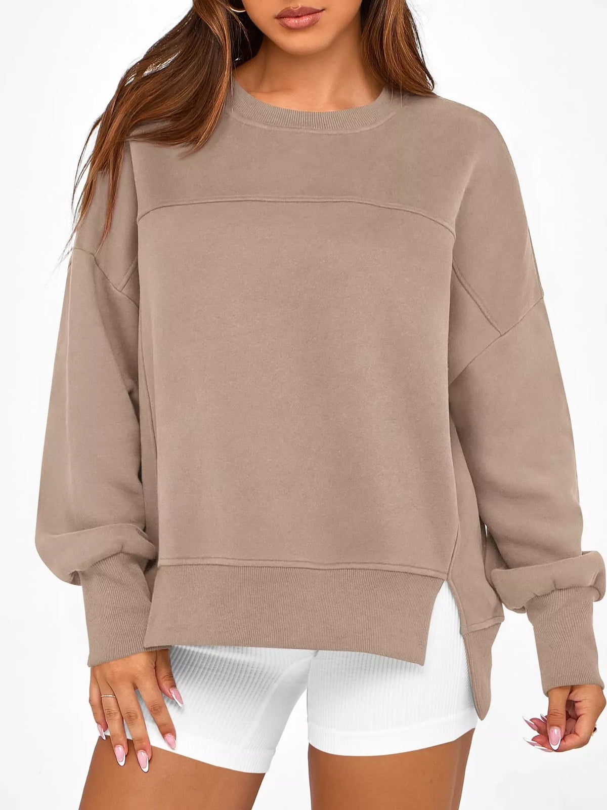 Slit Round Neck Dropped Shoulder Sweatshirt - Lilixa.store