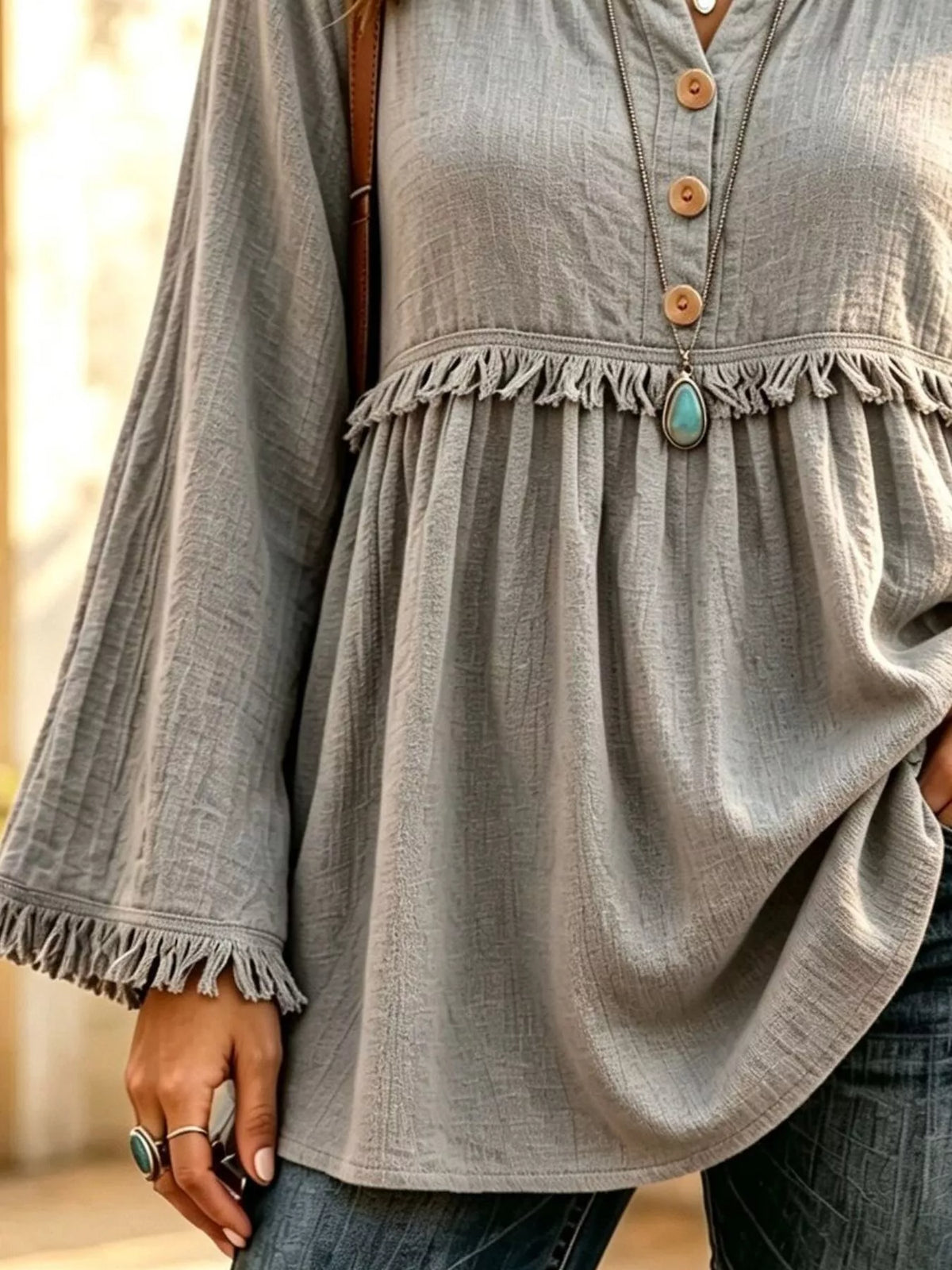 Button-Down Detail Fringed Hem Blouse, view 6