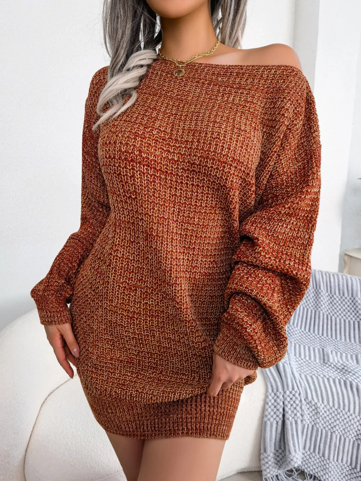 Multi-Color One-Shoulder Sweater Dress in Caramel