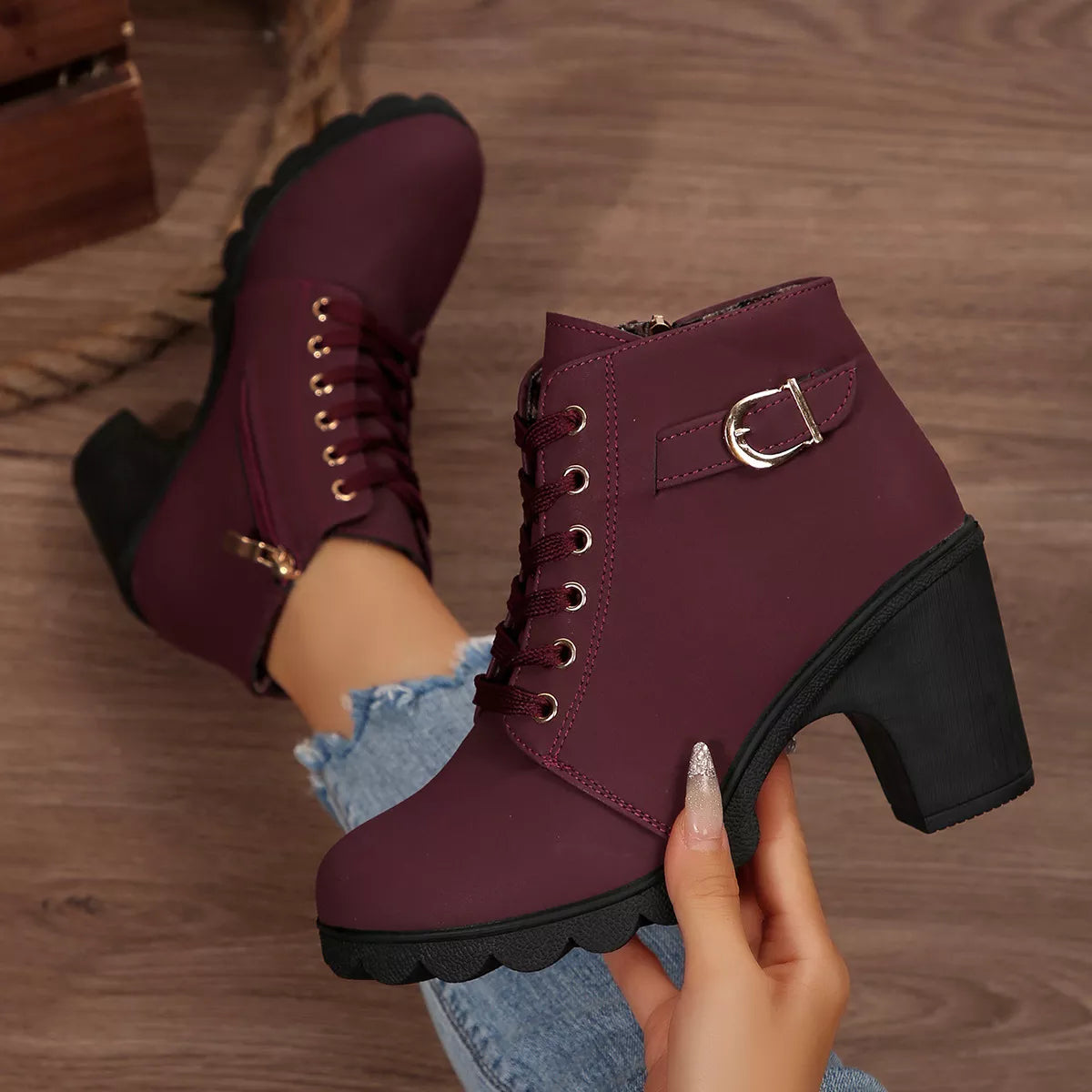 Lace Up Block Heels Boots, view 7