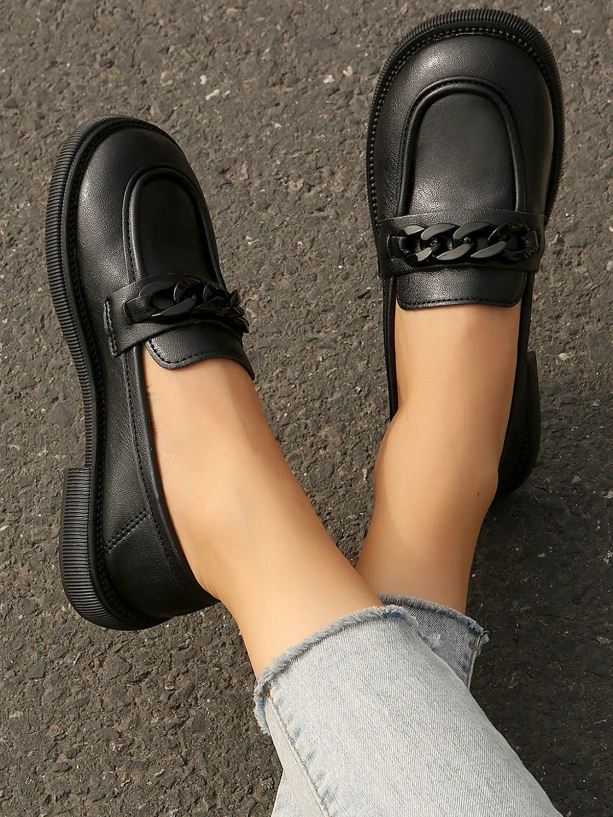 Chain Detail Leather Loafers in Black, view 3